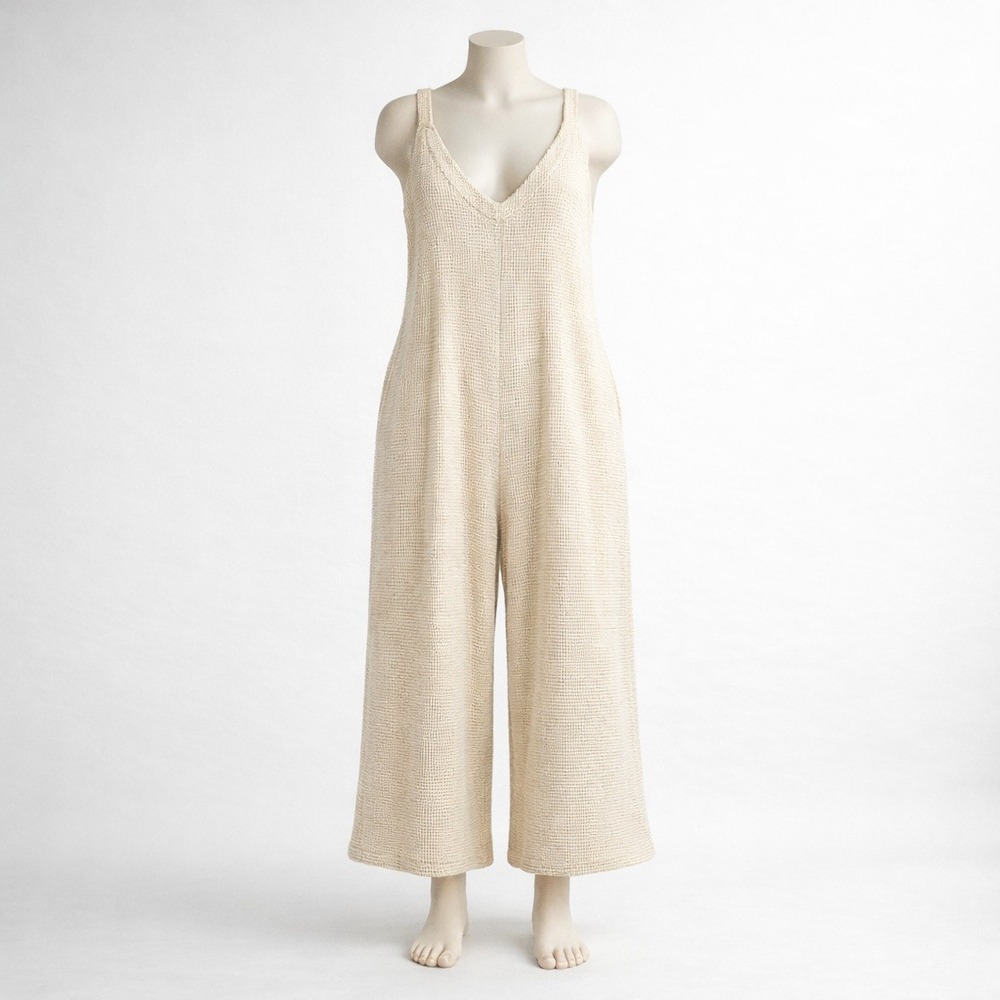 Myrah Penaloza Boho Waffle Knit Wide Leg Jumpsuit Cream One Size Pocket Playsuit